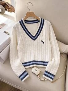 SHEIN كنزة صوفية للبنات المراهقات بأسلوب جامعي مخطط للخريف والشتاء، كاجوال يومي، بتصميم ألوان متباينة ورقع مطرزة، لطيفة ومريحة وأنيقة - متعدد الألوان - مشاهدة 3