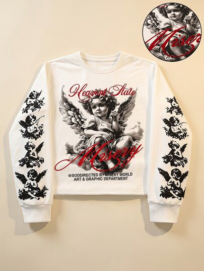 Camiseta de manga larga con cuello redondo y estampado de ángeles para hombre