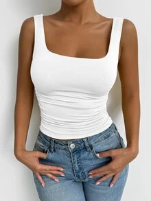 SHEIN PETITE All White Summer Chic Everyday Women's Square Neck Sleeveless Tank Top, Elegant Basic Crop Top, Vacation Music Festival Rave Concert Club Top, Petite Women - White - View 7