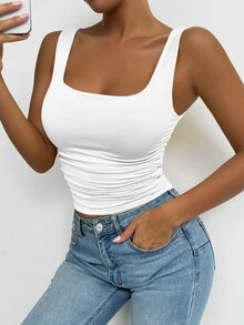SHEIN PETITE All White Summer Chic Everyday Women's Square Neck Sleeveless Tank Top, Elegant Basic Crop Top, Vacation Music Festival Rave Concert Club Top, Petite Women - White - View 4