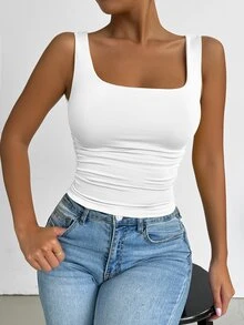 SHEIN PETITE All White Summer Chic Everyday Women's Square Neck Sleeveless Tank Top, Elegant Basic Crop Top, Vacation Music Festival Rave Concert Club Top, Petite Women - White - View 6