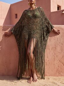 Zivah Women's Asymmetrical Shoulder Tassel Design Casual Vacation Cover-Up Dress - Army Green - View 1