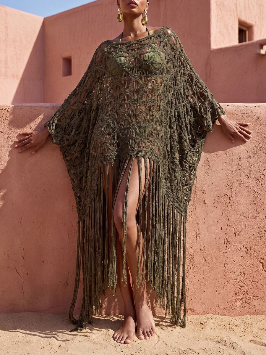 Zivah Women's Asymmetrical Shoulder Tassel Design Casual Vacation Cover-Up Dress - Army Green - View 1