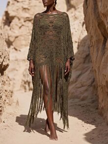 Zivah Women's Asymmetrical Shoulder Tassel Design Casual Vacation Cover-Up Dress - Army Green - View 5