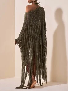 Zivah Women's Asymmetrical Shoulder Tassel Design Casual Vacation Cover-Up Dress - Army Green - View 8