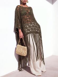 Zivah Women's Asymmetrical Shoulder Tassel Design Casual Vacation Cover-Up Dress - Army Green - View 3