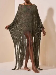 Zivah Women's Asymmetrical Shoulder Tassel Design Casual Vacation Cover-Up Dress - Army Green - View 11