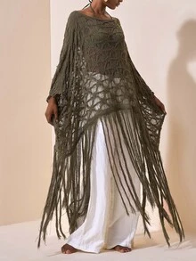 Zivah Women's Asymmetrical Shoulder Tassel Design Casual Vacation Cover-Up Dress - Army Green - View 10