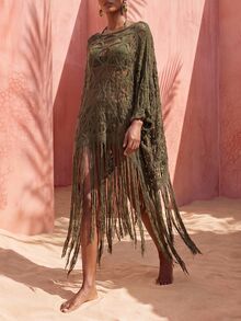 Zivah Women's Asymmetrical Shoulder Tassel Design Casual Vacation Cover-Up Dress - Army Green - View 6