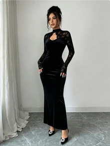 Elenzga Women's Fashion New Black Stand Collar Lace Hollow Out Daily Commute Party Evening Dress Date Gathering Dress - Black - View 5