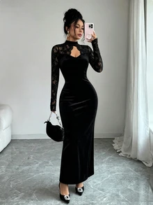 Elenzga Women's Fashion New Black Stand Collar Lace Hollow Out Daily Commute Party Evening Dress Date Gathering Dress - Black - View 6