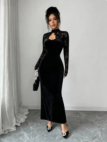 Elenzga Women's Fashion New Black Stand Collar Lace Hollow Out Daily Commute Party Evening Dress Date Gathering Dress - Black - View 7