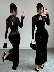 Elenzga Women's Fashion New Black Stand Collar Lace Hollow Out Daily Commute Party Evening Dress Date Gathering Dress - Black - View 3