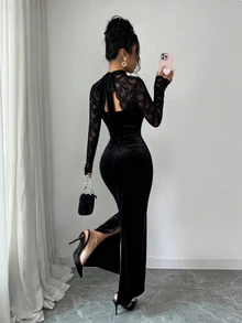 Elenzga Women's Fashion New Black Stand Collar Lace Hollow Out Daily Commute Party Evening Dress Date Gathering Dress - Black - View 2