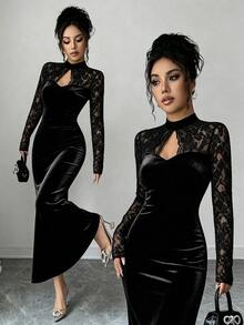 Elenzga Women's Fashion New Black Stand Collar Lace Hollow Out Daily Commute Party Evening Dress Date Gathering Dress - Black - View 4