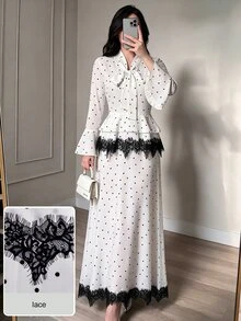 Modelyn Korean Style Lace Patchwork Bowknot Flared Sleeve Ruffle Blouse Full Skirt 2 Pieces Set Elegant Women Dinner White And Black Polka Dot Autumn - Multicolor - View 2