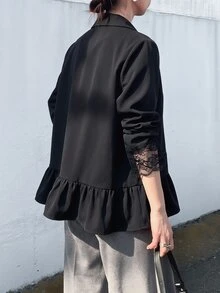 FRIFUL 女款時尚優雅法式蕾絲拼接翻領西裝外套，西式辦公室半正式早午餐穿搭，黑色夏季款 - 黑色 - 查看 2