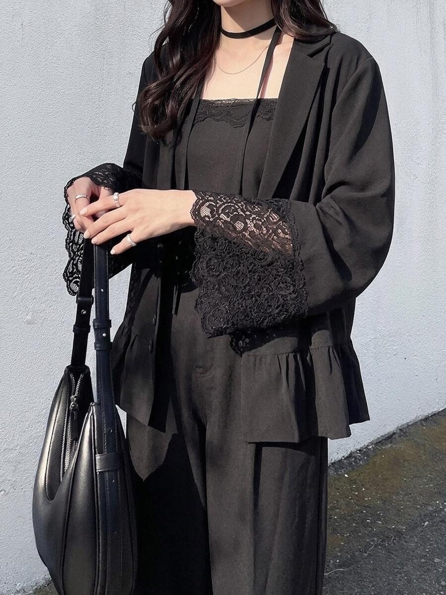 FRIFUL 女款時尚優雅法式蕾絲拼接翻領西裝外套,西式辦公室半正式早午餐穿搭,黑色夏季款 - 黑色 - 查看 1
