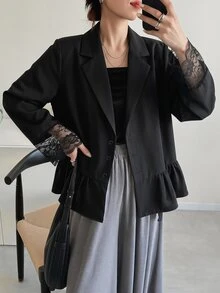FRIFUL 女款時尚優雅法式蕾絲拼接翻領西裝外套，西式辦公室半正式早午餐穿搭，黑色夏季款 - 黑色 - 查看 3