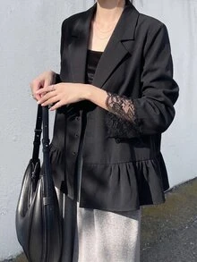 FRIFUL 女款時尚優雅法式蕾絲拼接翻領西裝外套，西式辦公室半正式早午餐穿搭，黑色夏季款 - 黑色 - 查看 6