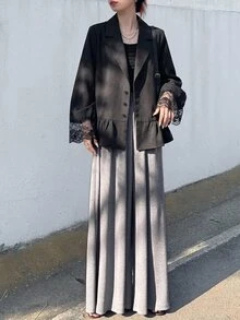FRIFUL 女款時尚優雅法式蕾絲拼接翻領西裝外套，西式辦公室半正式早午餐穿搭，黑色夏季款 - 黑色 - 查看 4