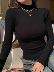 DAZY 女款高領修身長袖基礎層T恤 秋季 - 黑色 - 查看 3