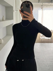 DAZY 女款高領修身長袖基礎層T恤 秋季 - 黑色 - 查看 4