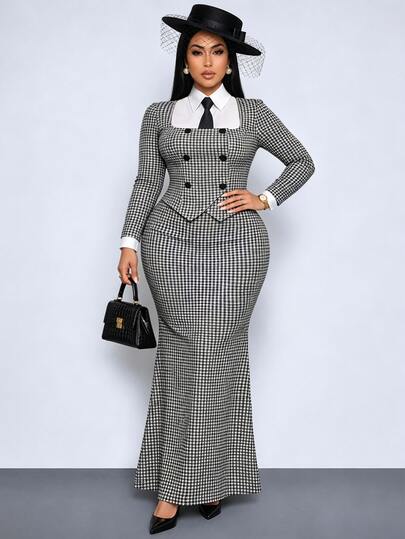 SOLERSUN Plus Size Women's Elegant Autumn Black And White Workwear Set: Square Neck Button-Up Cardigan Top And Fitted Mermaid Long Skirt