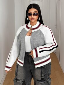 Maweii Plus Size Women's Knit Cardigan Sweater With Zipper, Striped Casual Color Block College Style Open Front - Grey - View 3