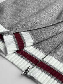 Maweii Plus Size Women's Knit Cardigan Sweater With Zipper, Striped Casual Color Block College Style Open Front - Grey - View 7