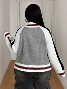 Maweii Plus Size Women's Knit Cardigan Sweater With Zipper, Striped Casual Color Block College Style Open Front - Grey - View 2