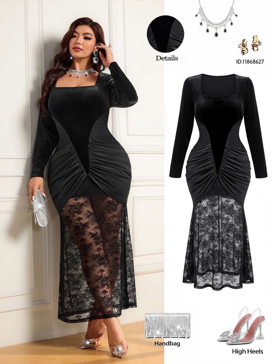 Femmeverse Plus Size Women's Velvet Contrast Lace Long Sexy Square Neck Dress - Black - View 1