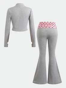 SHEIN Tween女孩秋冬灰色與粉色波點拼色腰帶T恤2件套，休閒日常穿著童裝 - 灰色 - 查看 3