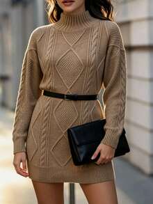 SHEIN Women's Autumn/Winter Bohemian Style Mock Neck Knitted Sweater Dress, Diamond Grid Cable Knit Cable Long Sleeve Loose Straight Retro Solid Color Knitted Mini Dress - Khaki - View 5