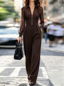 SHEIN Women's Solid Color Contrast Lace Long Sleeve Zipper Front Pocket Elegant Jumpsuit - Coffee Brown - View 1