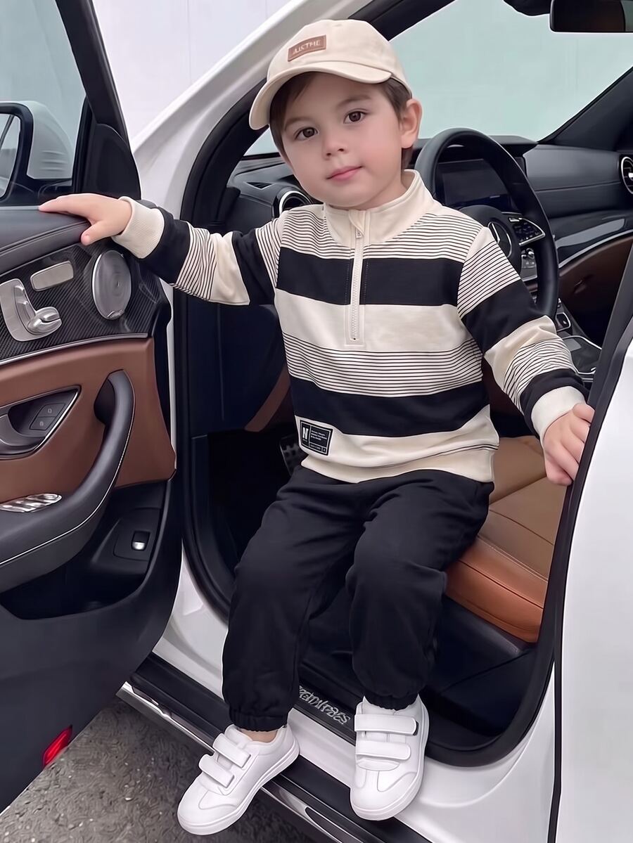 SHEIN Playful Pals 2pcs Toddler Boy Sweatshirt Joggers Preppy Cool Black White Striped Patchwork Ribbed Long Sleeve Half Zip Mock Neck School Fall Holiday Pull Active - Black and White - View 1