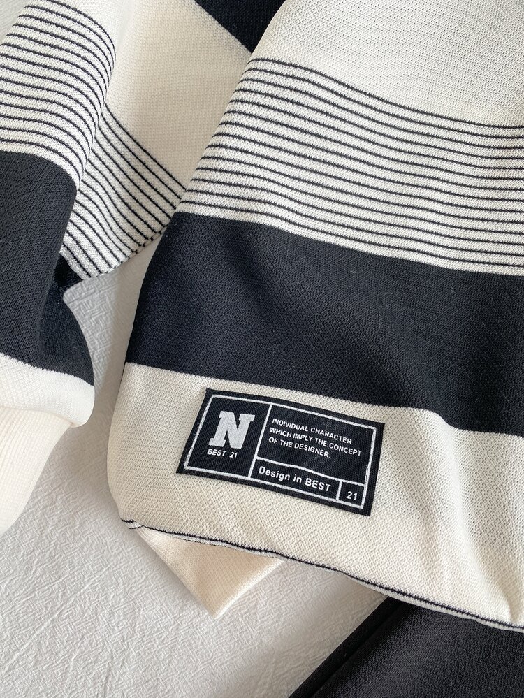 SHEIN 2pcs Toddler Boy Sweatshirt Joggers Preppy Cool Black White Striped Patchwork Ribbed Long Sleeve Half Zip Mock Neck School Fall Holiday Pull Active - Black and White - View 7