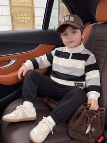 SHEIN Playful Pals 2pcs Toddler Boy Sweatshirt Joggers Preppy Cool Black White Striped Patchwork Ribbed Long Sleeve Half Zip Mock Neck School Fall Holiday Pull Active - Black and White - View 5