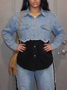 EMERY ROSE Jaket Luar Wanita Ukuran Besar dengan Blok Warna, Gaya Kasual Boho, Denim Western, Jaket Denim Patchwork Ukuran Besar, Halloween, Natal, Tahun Baru, Liburan, Gaya Jalanan - Biru - View 5