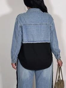 EMERY ROSE Jaket Luar Wanita Ukuran Besar dengan Blok Warna, Gaya Kasual Boho, Denim Western, Jaket Denim Patchwork Ukuran Besar, Halloween, Natal, Tahun Baru, Liburan, Gaya Jalanan - Biru - View 3