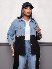 EMERY ROSE Jaket Luar Wanita Ukuran Besar dengan Blok Warna, Gaya Kasual Boho, Denim Western, Jaket Denim Patchwork Ukuran Besar, Halloween, Natal, Tahun Baru, Liburan, Gaya Jalanan - Biru - View 2