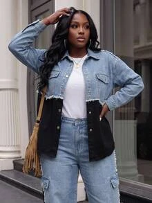 EMERY ROSE Jaket Luar Wanita Ukuran Besar dengan Blok Warna, Gaya Kasual Boho, Denim Western, Jaket Denim Patchwork Ukuran Besar, Halloween, Natal, Tahun Baru, Liburan, Gaya Jalanan - Biru - View 4