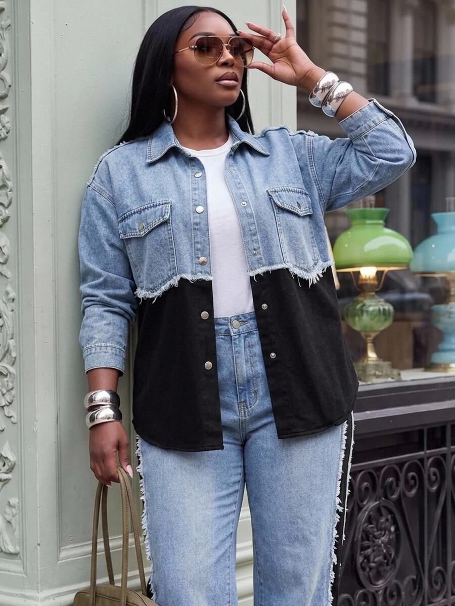 EMERY ROSE Jaket Luar Wanita Ukuran Besar dengan Blok Warna, Gaya Kasual Boho, Denim Western, Jaket Denim Patchwork Ukuran Besar, Halloween, Natal, Tahun Baru, Liburan, Gaya Jalanan - Biru - View 1
