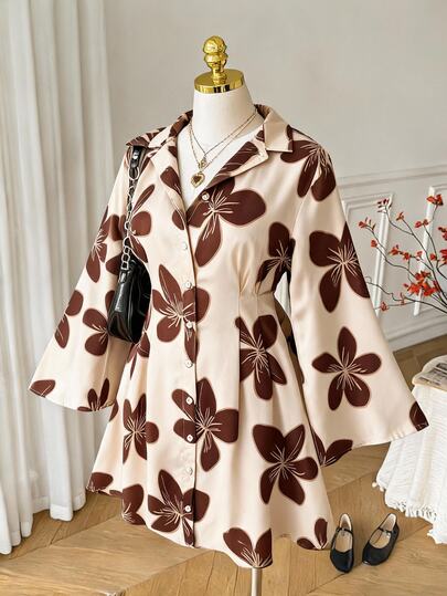 Comfortcana Plus Size Autumn/Winter Long Sleeve Cinched Waist Vintage Floral Print Shirt Dress