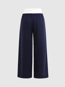 SHEIN Tween Girl Tween Girl Tween Girl Kids Colorblock Pleated Casual Versatile Daily Wear Wide Leg Sweatpants Winter - Navy Blue - View 3