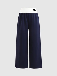 SHEIN Tween Girl Tween Girl Tween Girl Kids Colorblock Pleated Casual Versatile Daily Wear Wide Leg Sweatpants Winter - Navy Blue - View 2