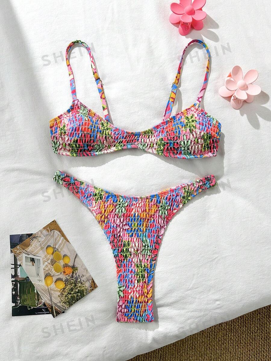 SHEIN Swim Spring Break Ditsy Floral Racerback 2Pcs Women Swimwear, Sexy Fashion Beach Bikini Set For Summer Beach Vacation