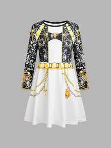 Young Girl Kids Korean K-Pop Round Neck Long Sleeve Dress Holiday Halloween 7th Birthday 1st Birthday White Autumn Princess - Black - View 3