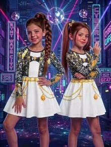 Young Girl Kids Korean K-Pop Round Neck Long Sleeve Dress Holiday Halloween 7th Birthday 1st Birthday White Autumn Princess - Black - View 1