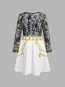 Young Girl Kids Korean K-Pop Round Neck Long Sleeve Dress Holiday Halloween 7th Birthday 1st Birthday White Autumn Princess - Black - View 2